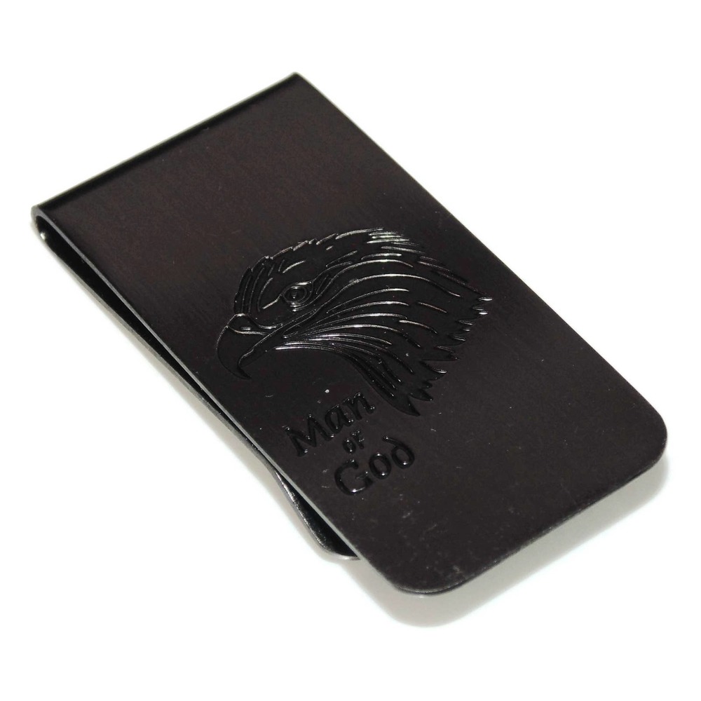 Estate Men's Wide Stainless Steel Gunmetal Man Of God Eagle Prayer Money Clip